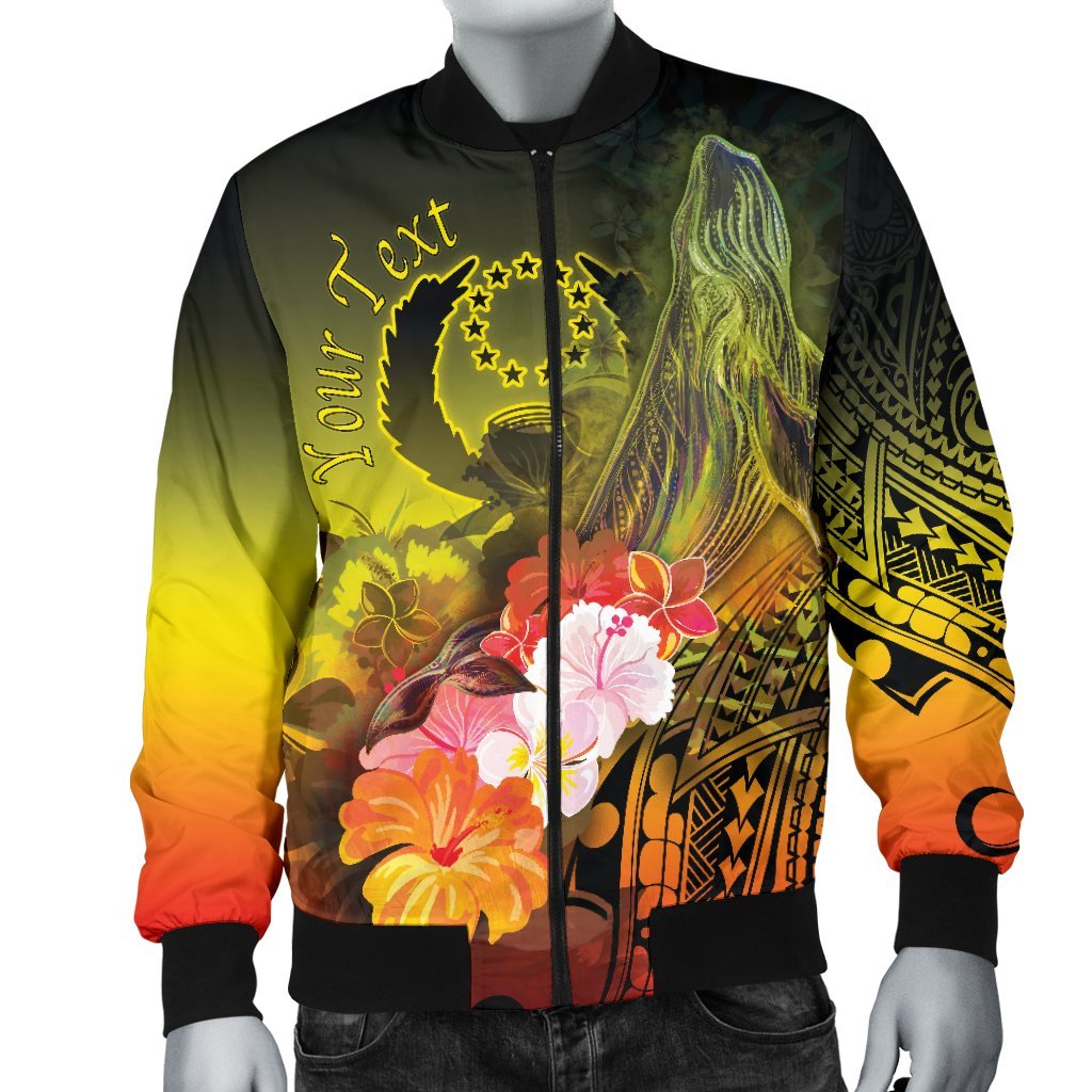 Pohnpei Custom Personalised Men's Bomber Jacket - Humpback Whale with Tropical Flowers (Yellow) - Polynesian Pride