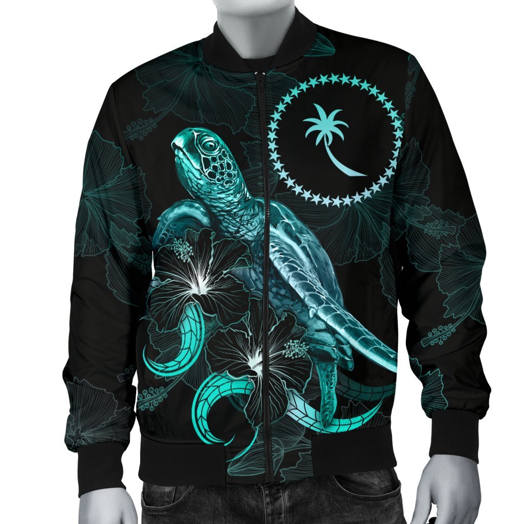 Chuuk Polynesian Men's Bomber Jacket - Turtle With Blooming Hibiscus Turquoise - Polynesian Pride
