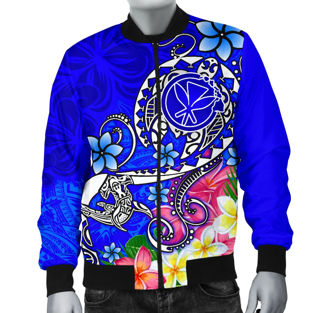 Hawaii Men's Bomber Jacket - Turtle Plumeria Polynesian Tattoo Blue Color - Polynesian Pride
