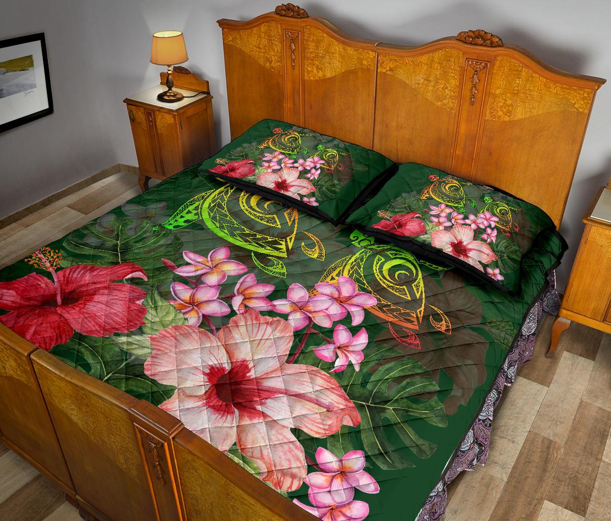 Hawaii Turtle Tropical Flower Quilt Bed Set - Deni Style - AH - Polynesian Pride