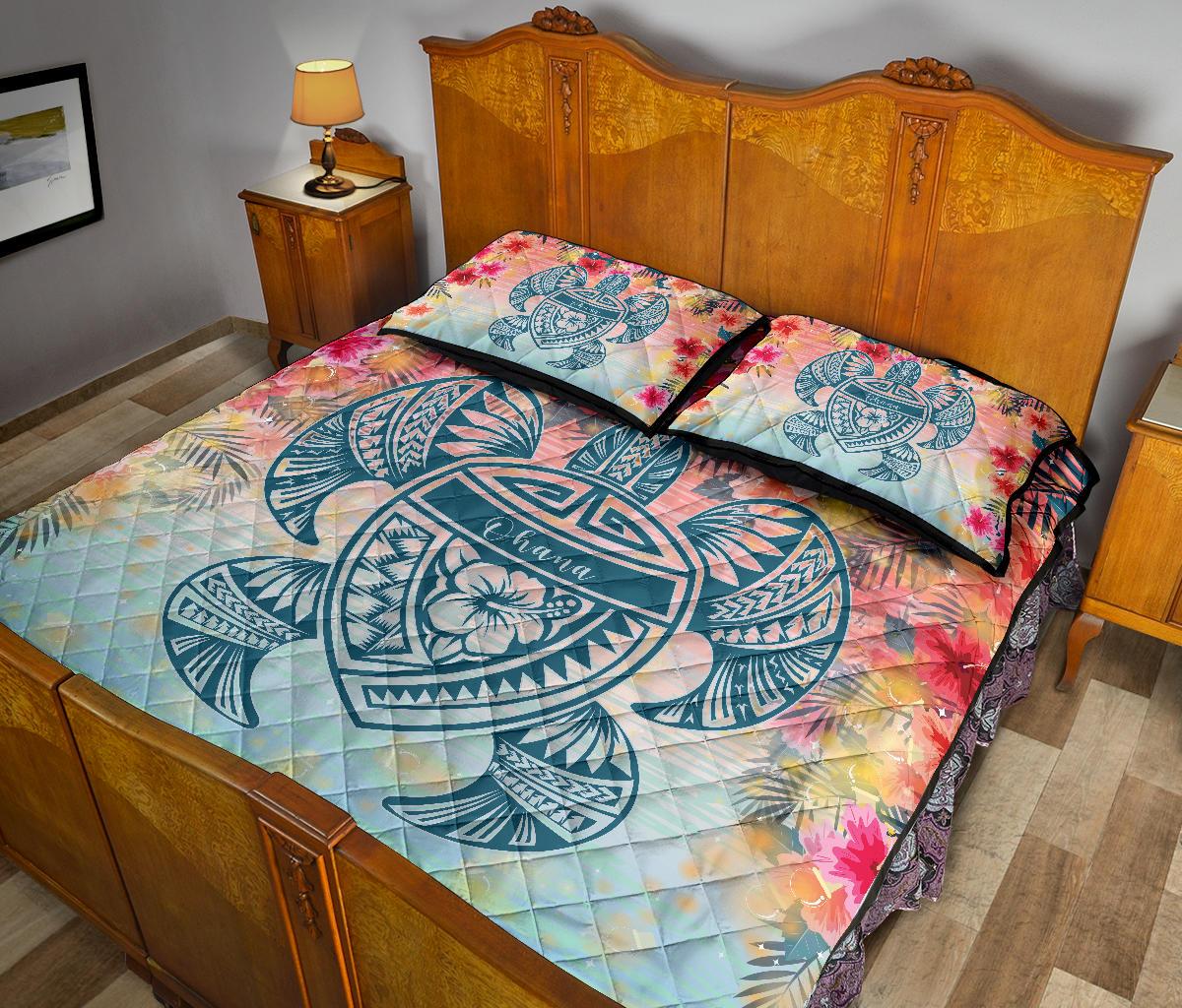 Hawaii Turtle Ohana Stary Night Hibiscus Quilt Bed Set - Polynesian Pride