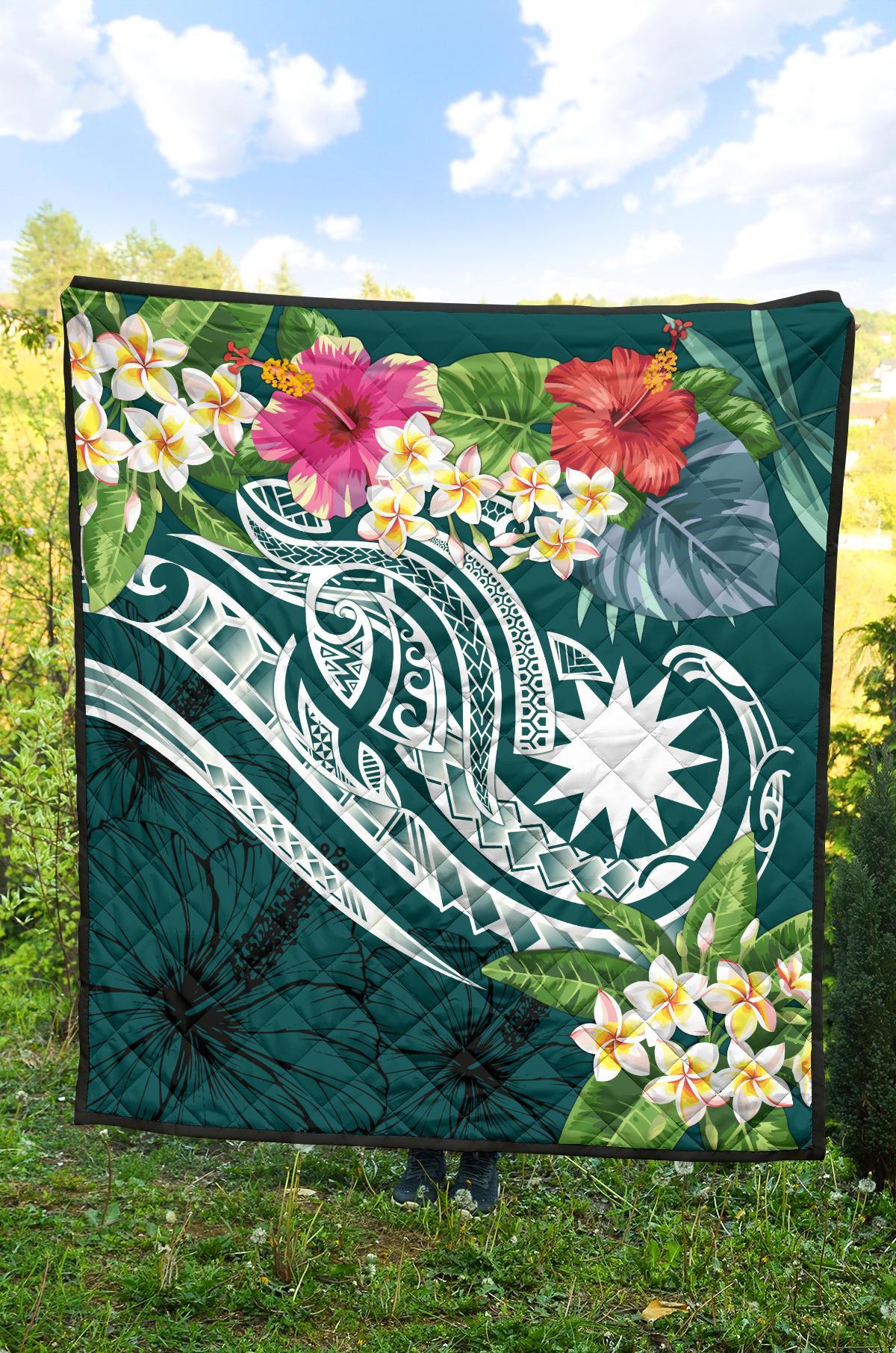 Nauru Polynesian Premium Quilt - Summer Plumeria (Turquoise) - Polynesian Pride