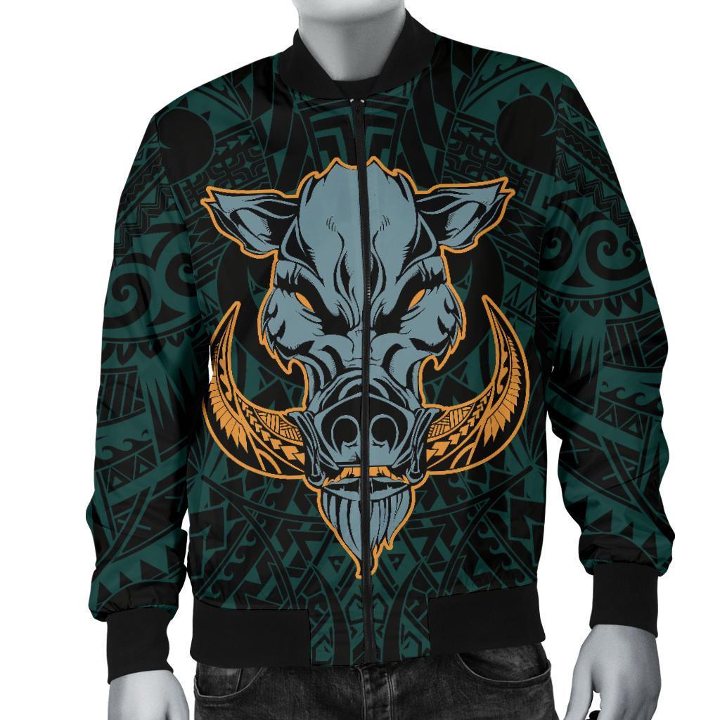 Hawaii Wild Boar Kamapua'a Men's Bomber Jacket - Turquoise - Hawaiian Mythology Style - Polynesian Pride