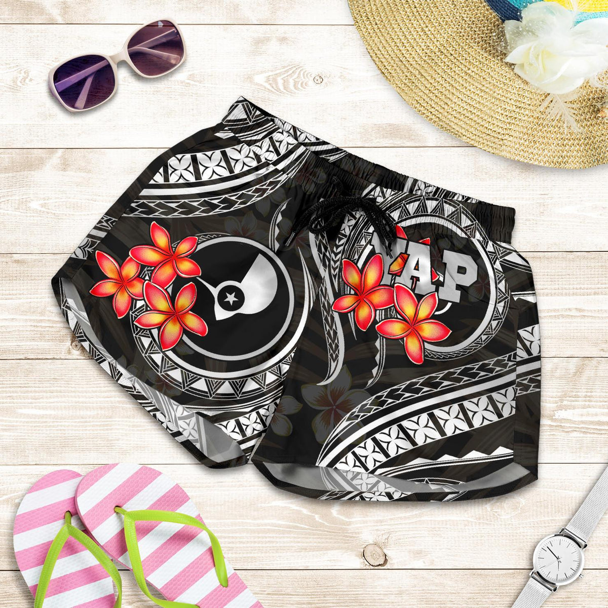Yap Micronesian Women Shorts - Black Plumeria Women BLACK - Polynesian Pride