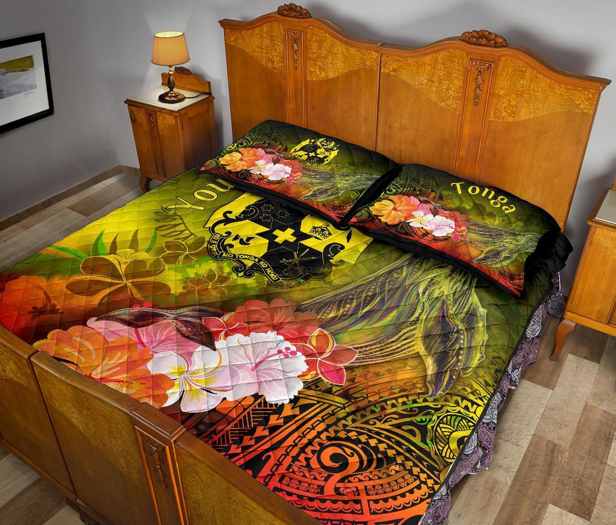 Tonga Custom Personalised Quilt Bed Set - Humpback Whale with Tropical Flowers (Yellow) - Polynesian Pride