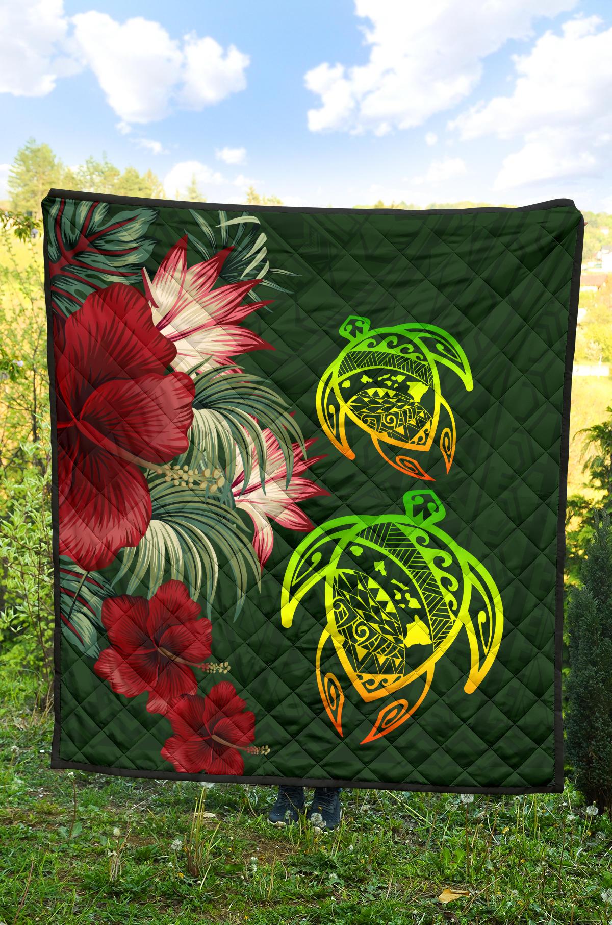 Hawaii Premium Quilt - Turtle Hibiscus Pattern Hawaiian Premium Quilt - Green - Polynesian Pride