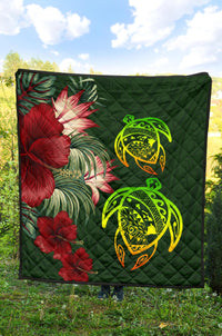 Hawaii Premium Quilt - Turtle Hibiscus Pattern Hawaiian Premium Quilt - Green - Polynesian Pride