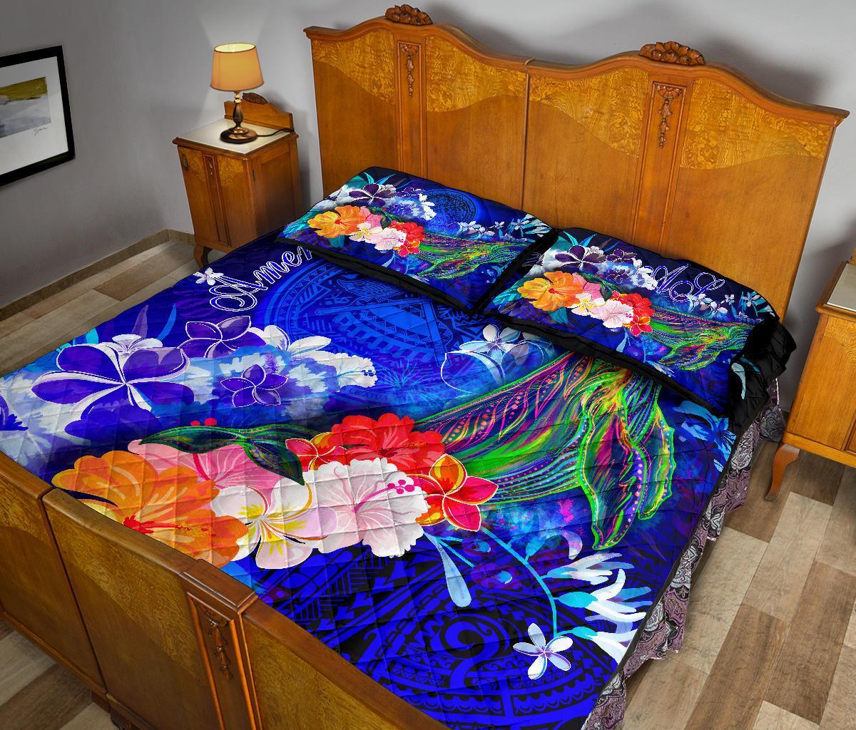 American Samoa Polynesian Quilt Bed Set - Humpback Whale with Tropical Flowers (Blue) - Polynesian Pride