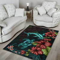 Polynesian Area Rug Turtle And Shark - Hibiscus Turquoise - Polynesian Pride