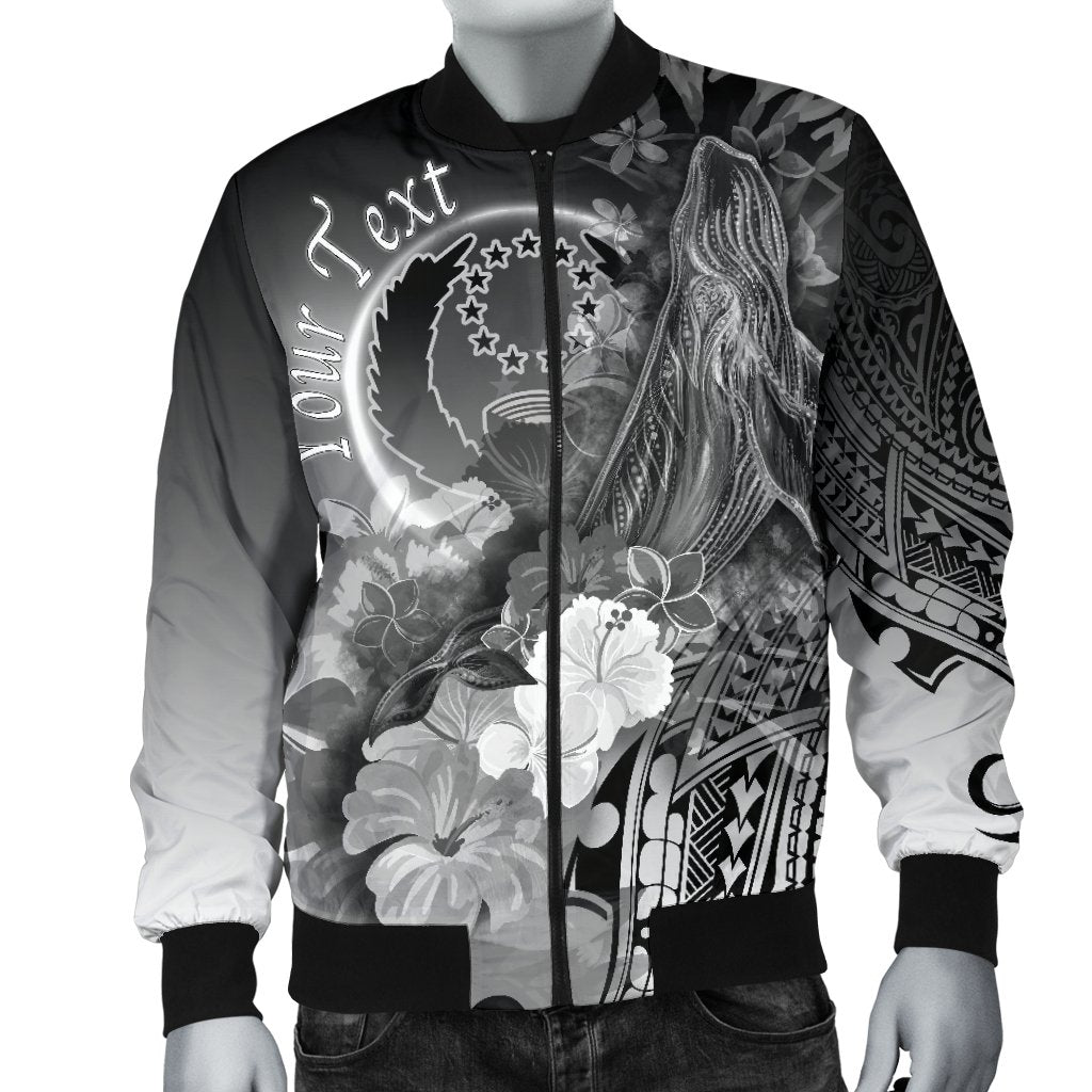 Pohnpei Custom Personalised Men's Bomber Jacket - Humpback Whale with Tropical Flowers (White) - Polynesian Pride