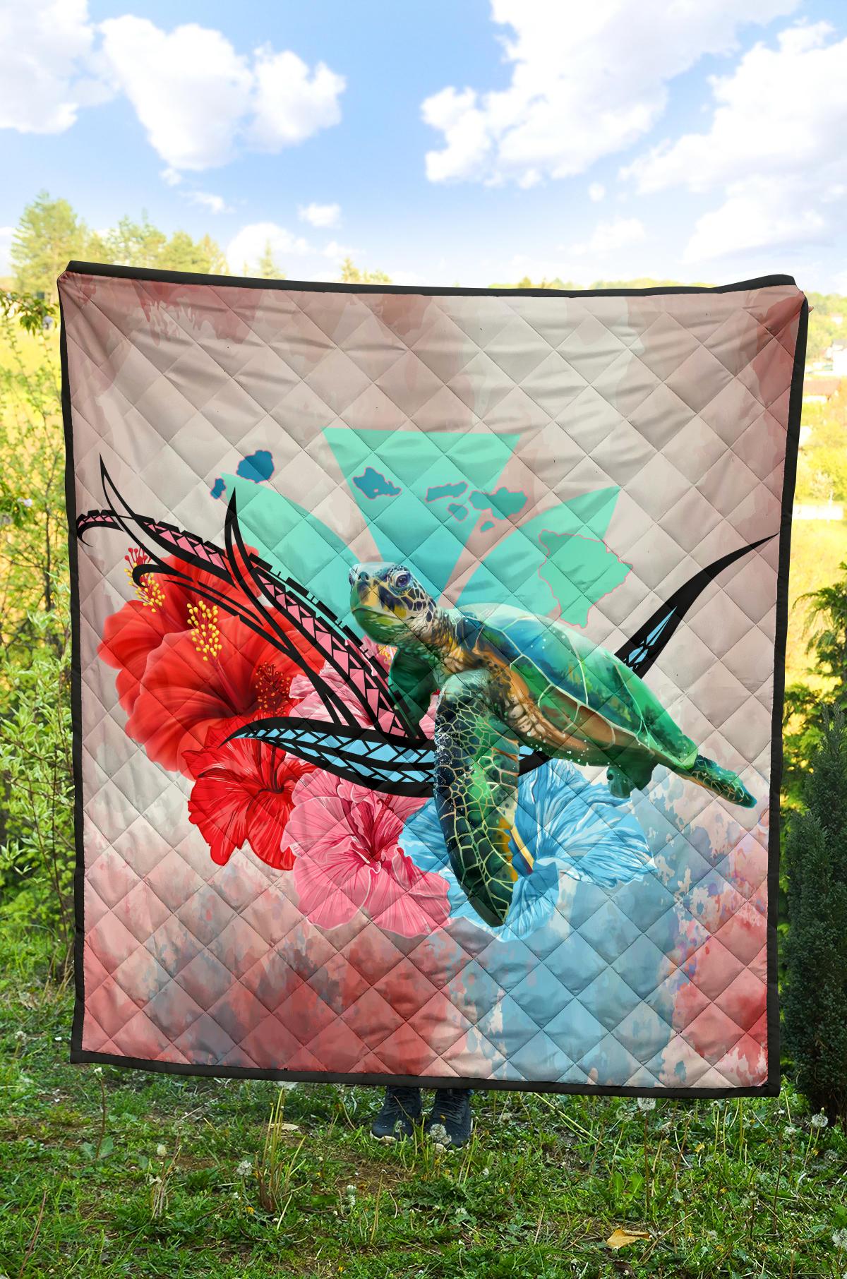 Hawaii Map Kanaka Sea Turtle Hibiscus Premium Quilt - AH - Blue Pink - Polynesian Pride