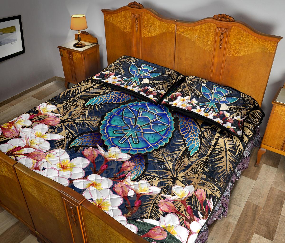 Kanaka Maoli (Hawaiian) Quilt Bed Set - Polynesian Turtle Plumeria Coconut Tree Gold - Polynesian Pride