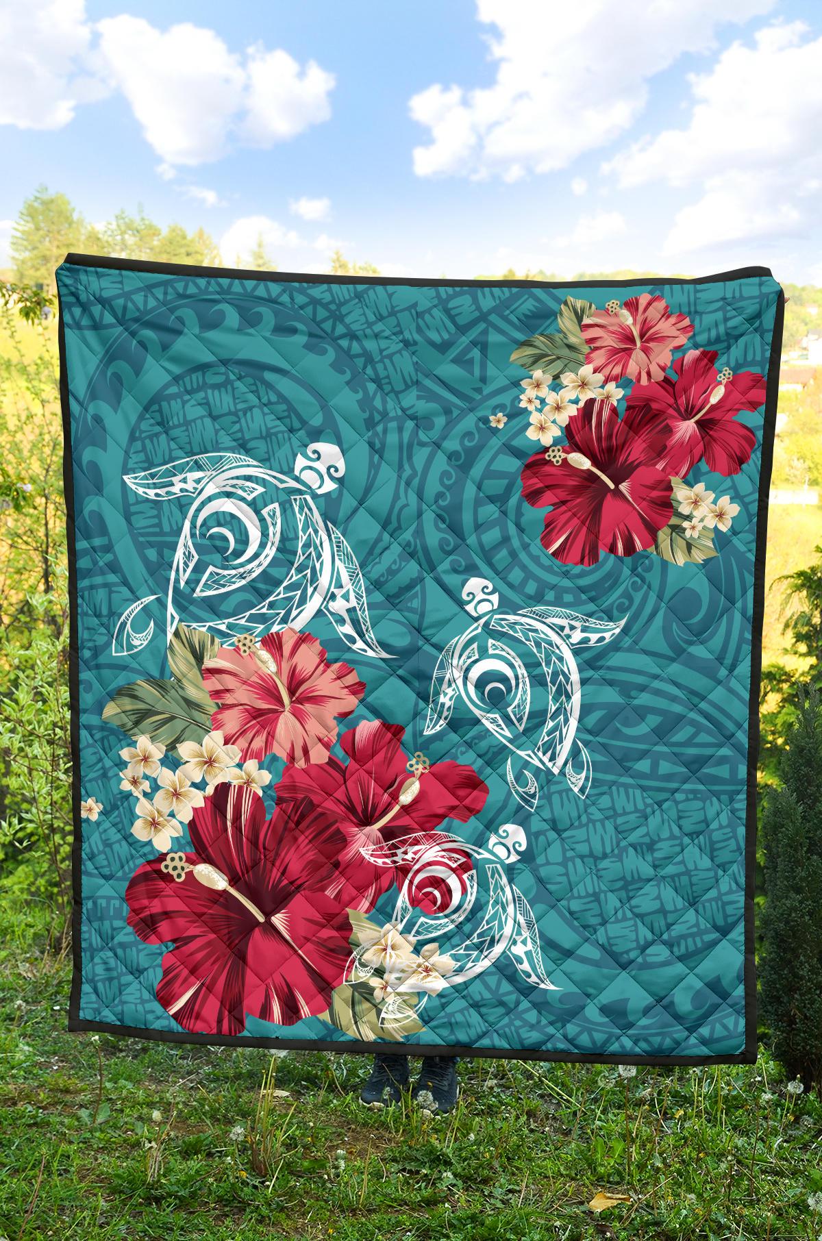 Hawaii Turtle Hibiscus Plumeria Blue Polynesian - Premium Quilt AH - Polynesian Pride
