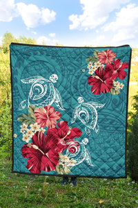 Hawaii Turtle Hibiscus Plumeria Blue Polynesian - Premium Quilt AH - Polynesian Pride
