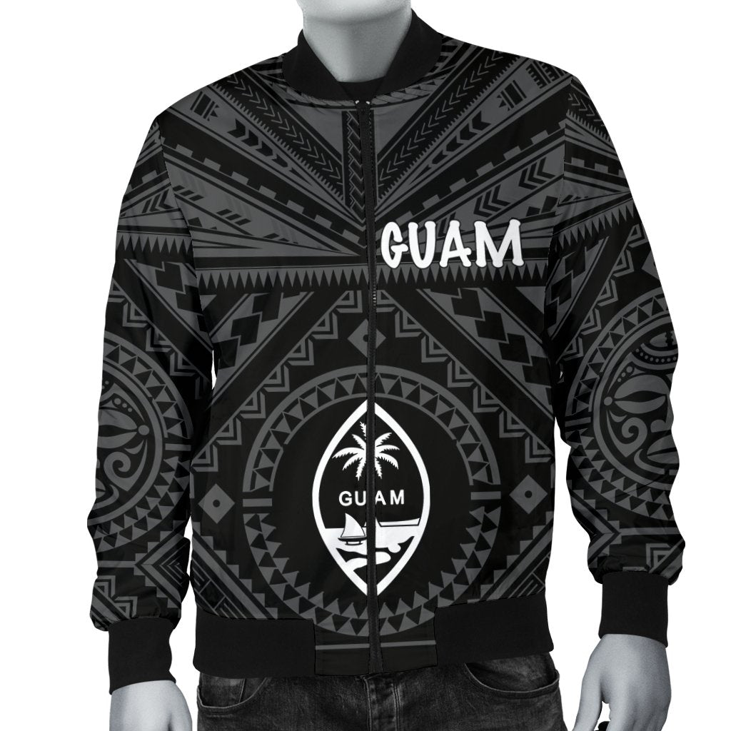 Guam Men's Bomber Jacket - Guam Seal With Polynesian Tattoo Style (Black) - Polynesian Pride
