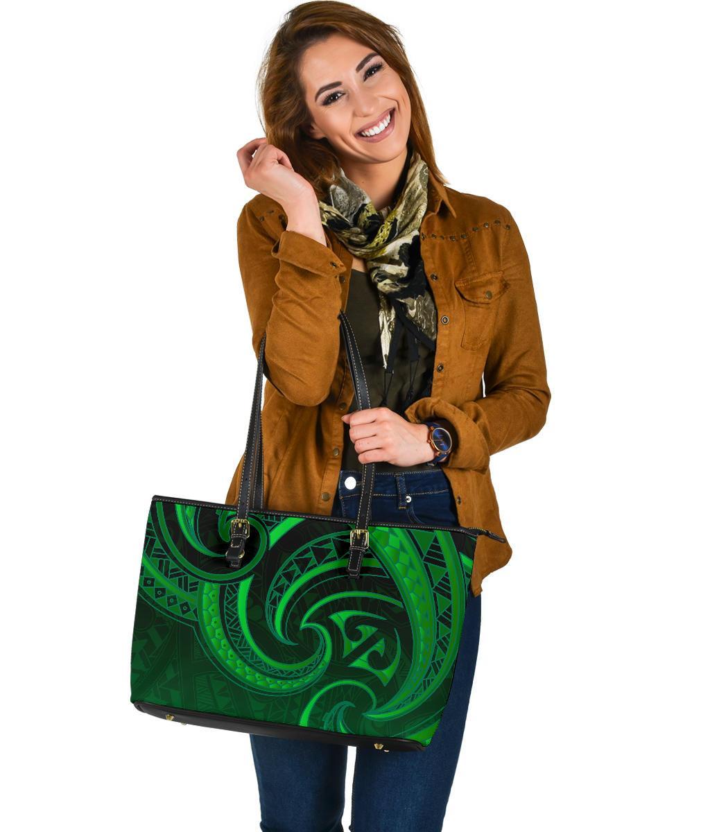 New Zealand Maori Mangopare Large Leather Tote Polynesian - Green - Polynesian Pride