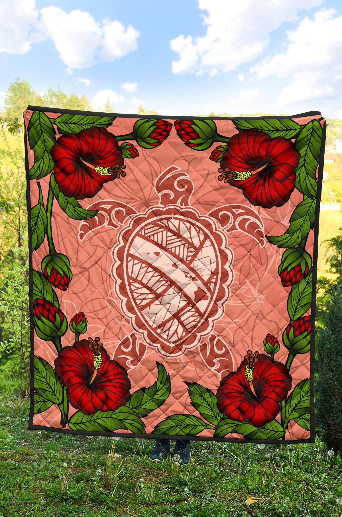 Hawaii Turtle Hibiscus Pink Premium Quilt - Polynesian Pride