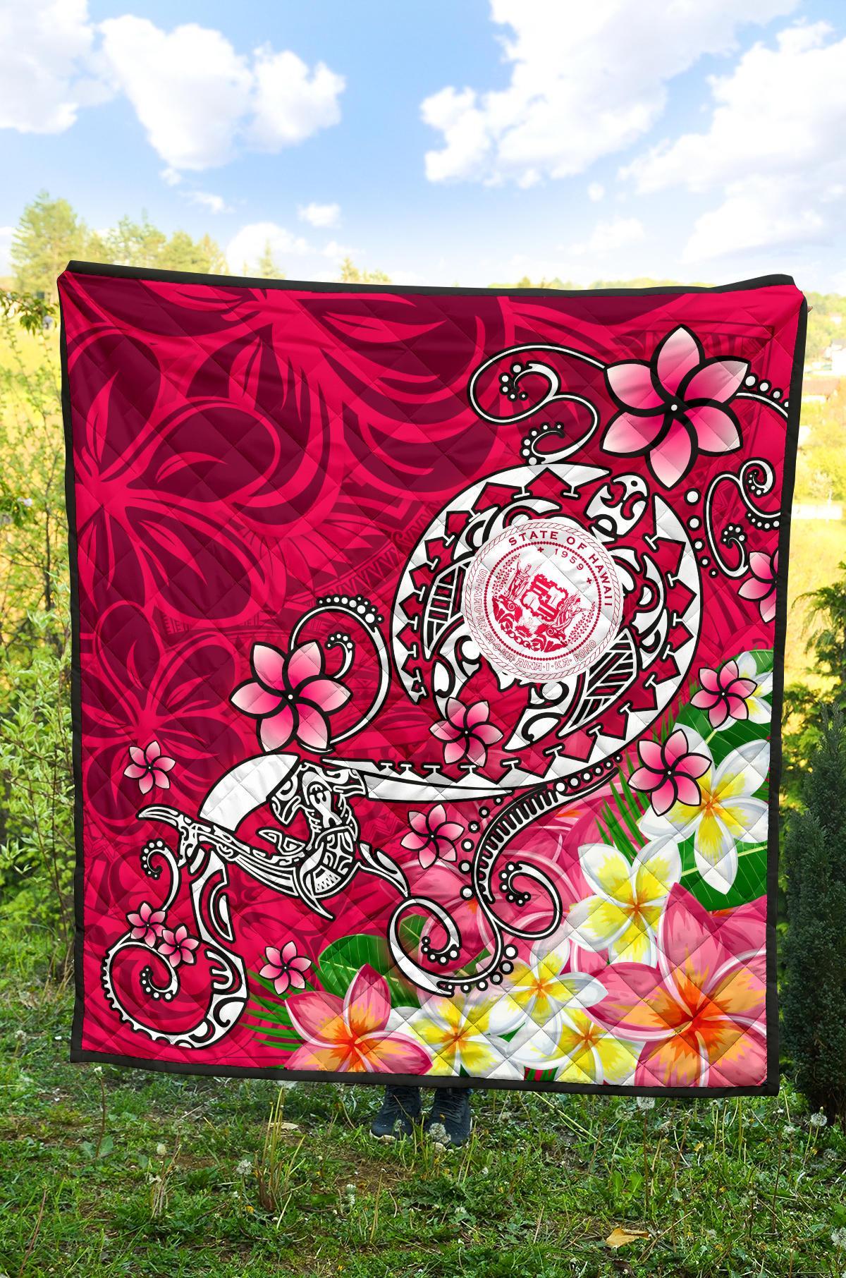 Hawaii Polynesian Premium Quilt - Hawaii Seal With Turtle Plumeria (Pink) - Polynesian Pride