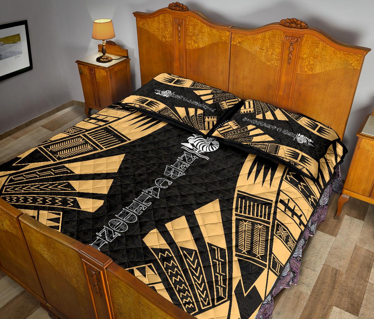 New Caledonia Quilt Bed Set - New Caledonia Coat Of Arms & Polynesian Yellow Tattoo Style - Polynesian Pride