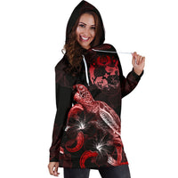 Tonga Polynesian Hoodie Dress - Turtle With Blooming Hibiscus Red - Polynesian Pride