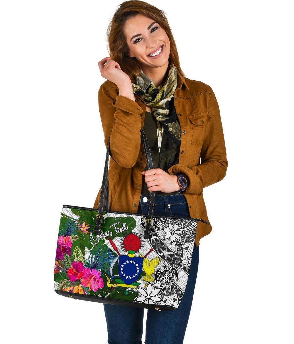 Cook Islands Custom Personalised Large Leather Tote White - Turtle Plumeria Banana Leaf - Polynesian Pride