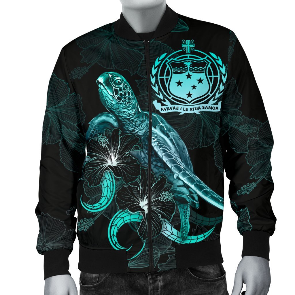 Samoa Polynesian Men's Bomber Jacket - Turtle With Blooming Hibiscus Turquoise - Polynesian Pride