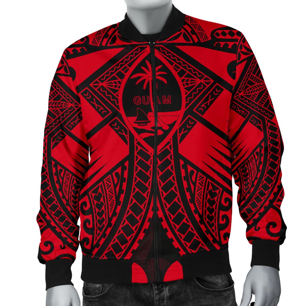Guam Polynesian Men's Bomber Jacket - Red Guam Coat Of Arms Polynesian Tattoo - Polynesian Pride