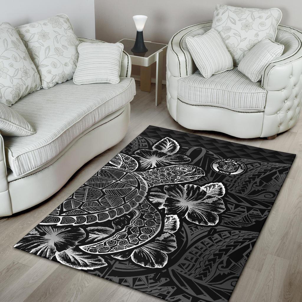 Niue Area Rugs Turtle Hibiscus Black - Polynesian Pride