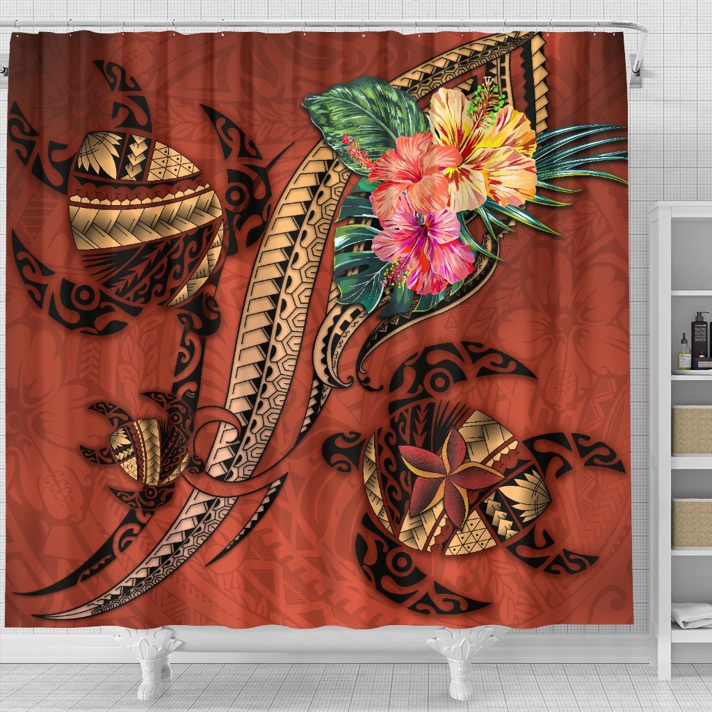 Polynesian Turtle Shower Curtain - Tribal Tattoo with Hibiscus Coral - Polynesian Pride