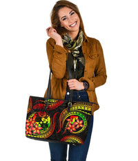 Tonga Polynesian Large Leather Tote Bag - Reggae Plumeria - Polynesian Pride