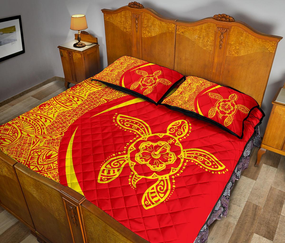 Hawaii Quilt Bed Set Turtle Polynesian - Circle Style Red And Yellow - Polynesian Pride