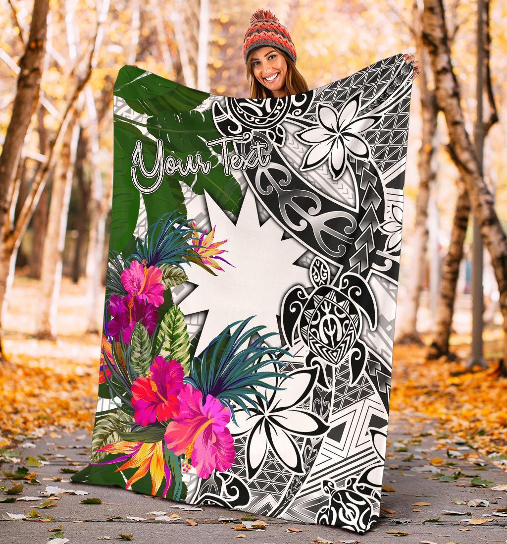 Nauru Custom Personalised Premium Blanket White - Turtle Plumeria Banana Leaf - Polynesian Pride