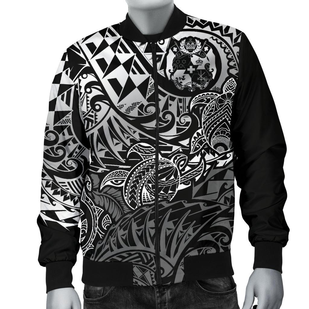 Tonga Polynesian Bomber Jacket (Men) - White Turtle Flowing - Polynesian Pride