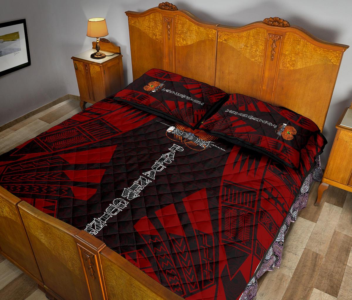 Papua New Guinea Quilt Bed Set - Papua New Guinea Coat Of Arms & Polynesian Red Tattoo Style - Polynesian Pride