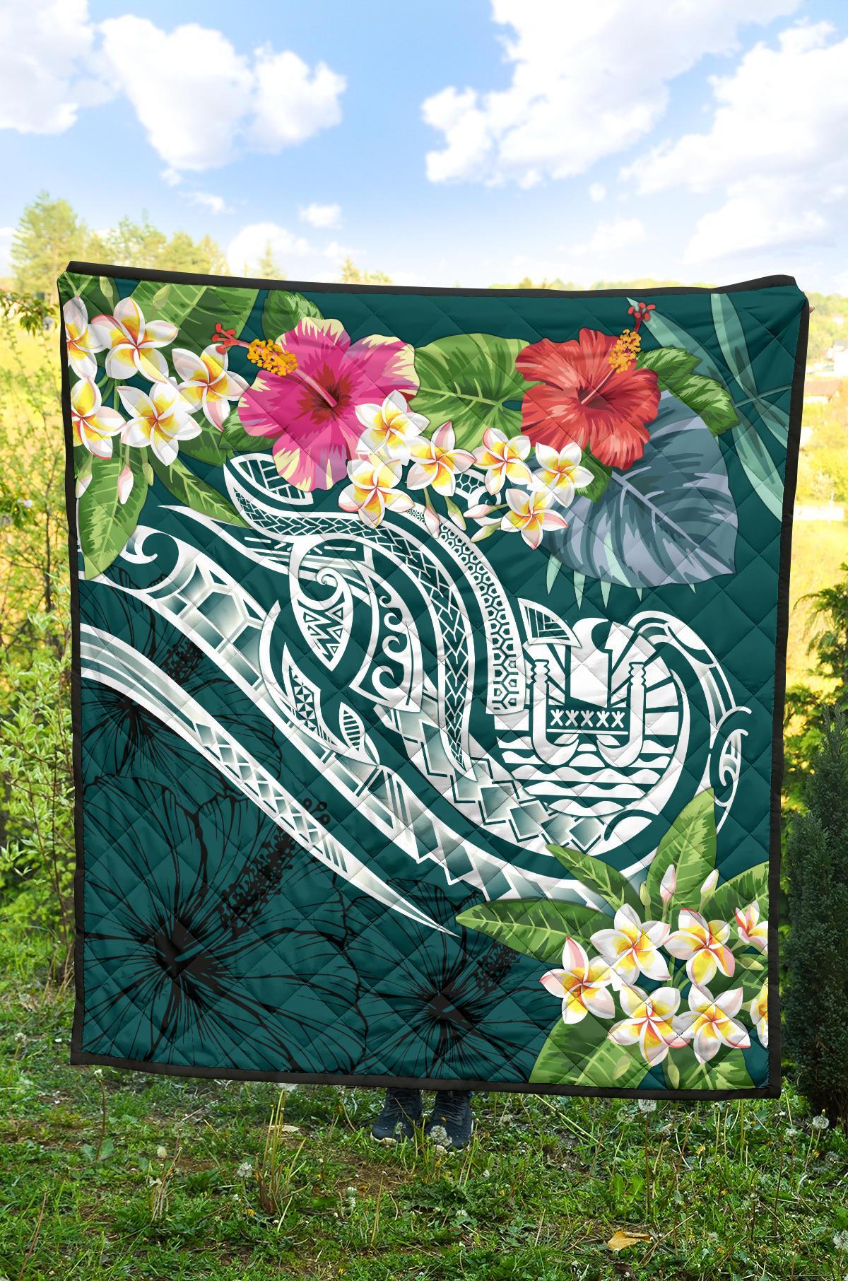 Tahiti Polynesian Premium Quilt - Summer Plumeria (Turquoise) - Polynesian Pride