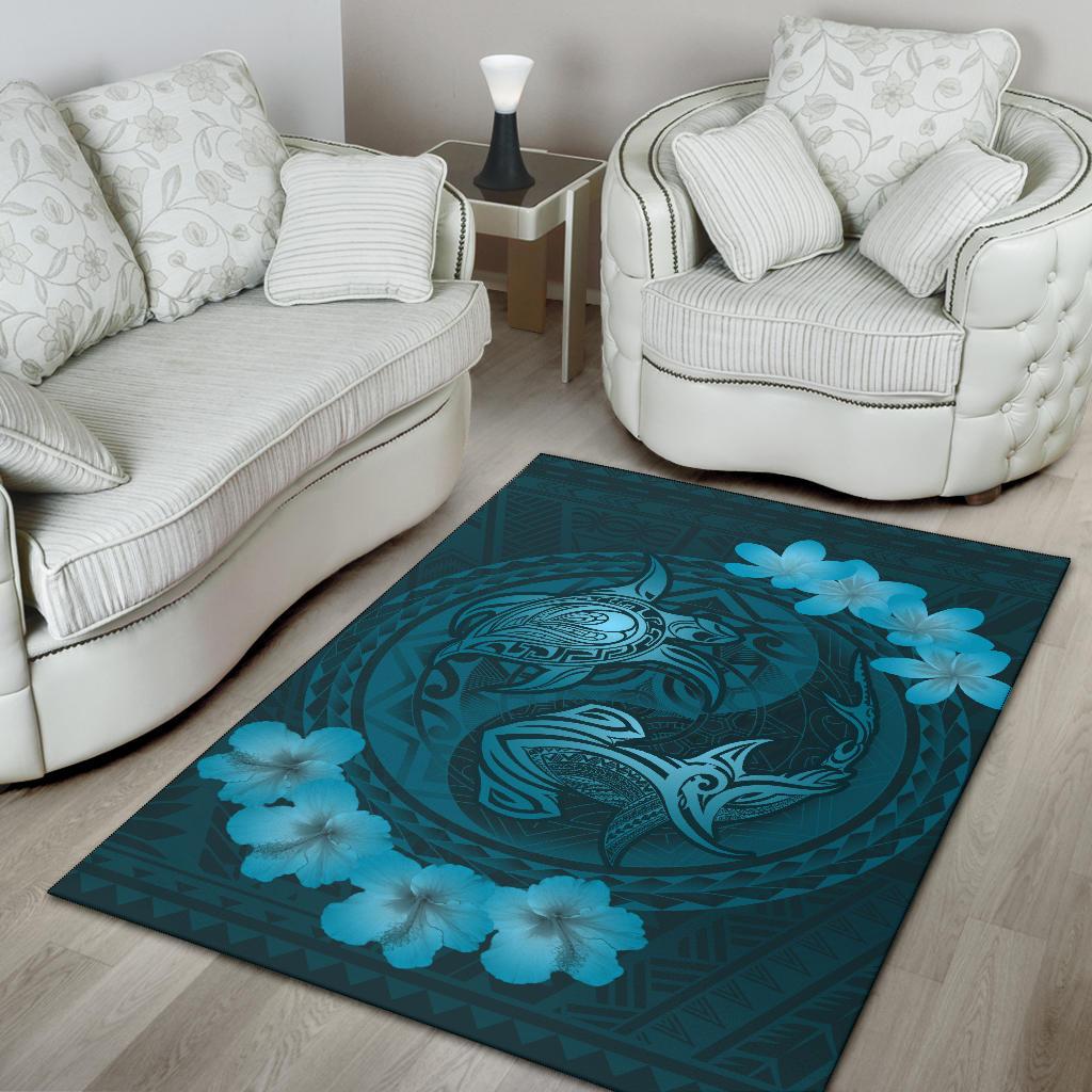 Hawaii Yin Yang Turtle Shark Hibiscus Plumeria Rug - Turquoise - Polynesian Pride
