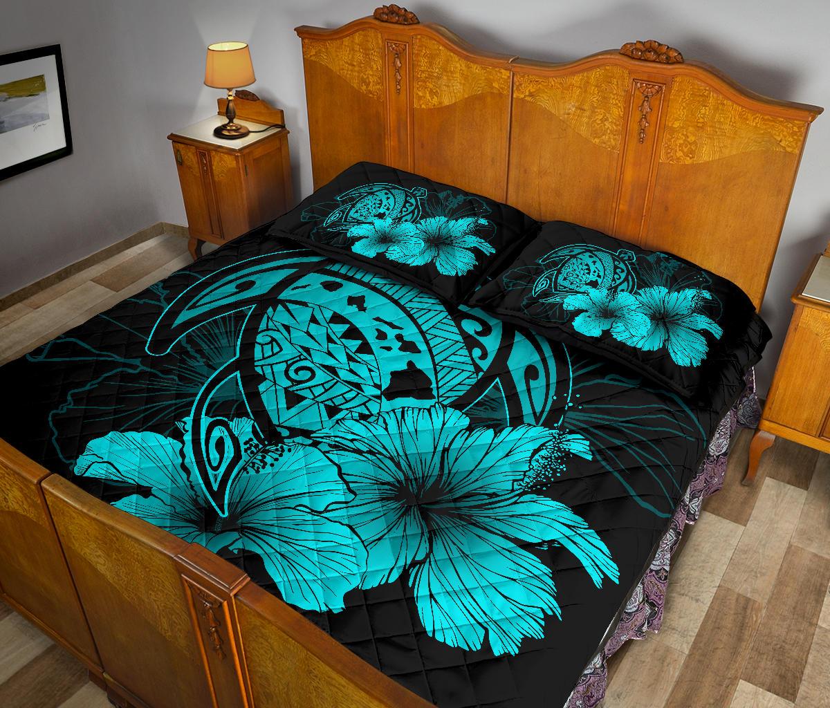 Hawaiian Map Turtle Hibiscus Polynesian Quilt Bedding Set - Turquoise - Polynesian Pride