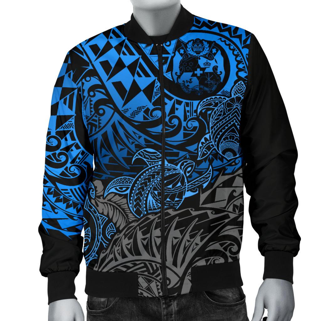 Tonga Polynesian Bomber Jacket (Men) - Blue Turtle Flowing - Polynesian Pride
