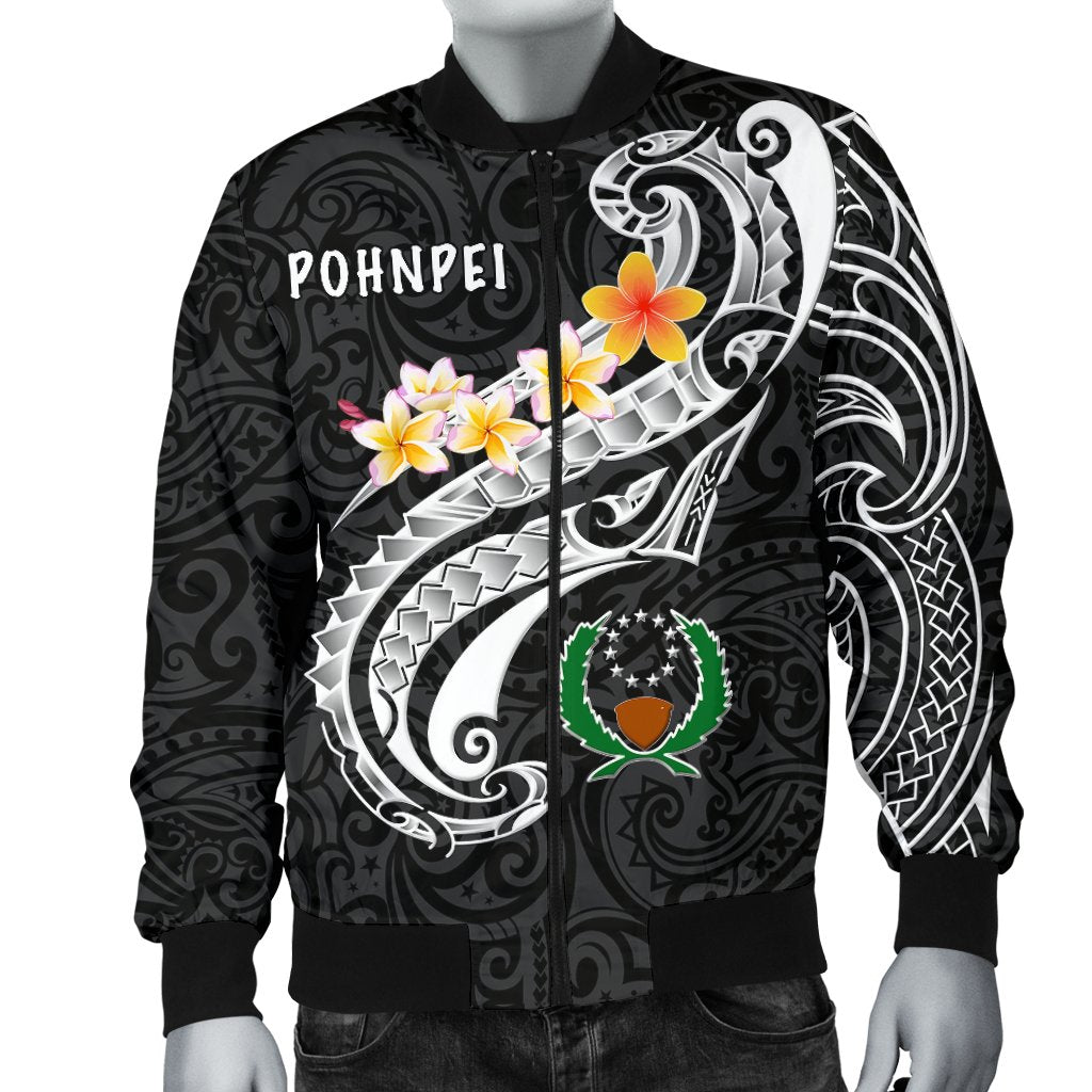 Pohnpei Men's Bomber Jacket - Pohnpei Seal Polynesian Patterns Plumeria (Black) - Polynesian Pride