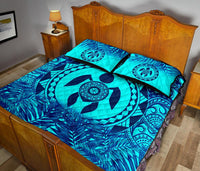 Polynesian Quilt Bed Set - Dark Blue Turtle Palm Torquoise Version - Polynesian Pride