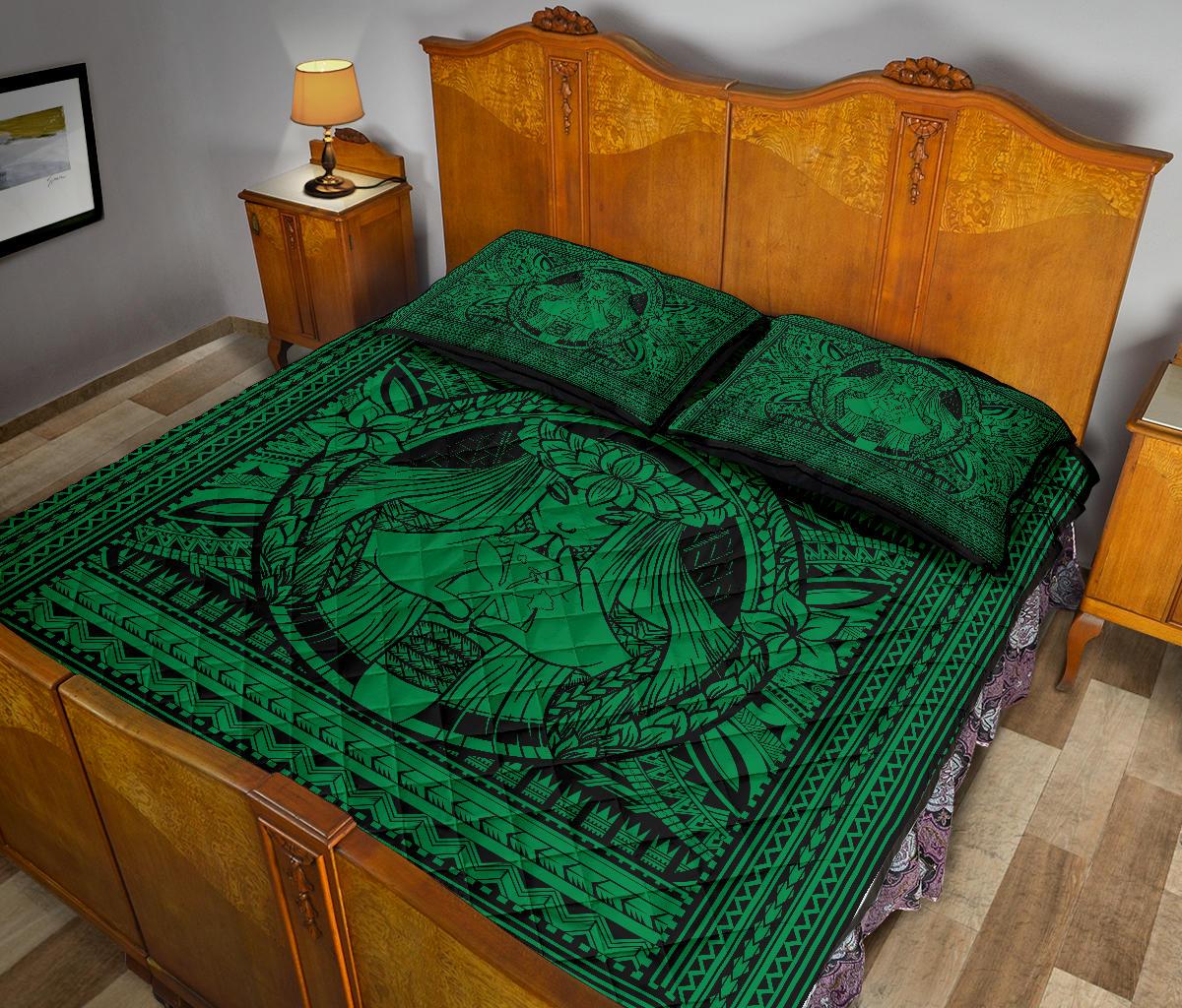 Hawaii Polynesian Pele Kanaka Quilt Bed Set Green - Polynesian Pride