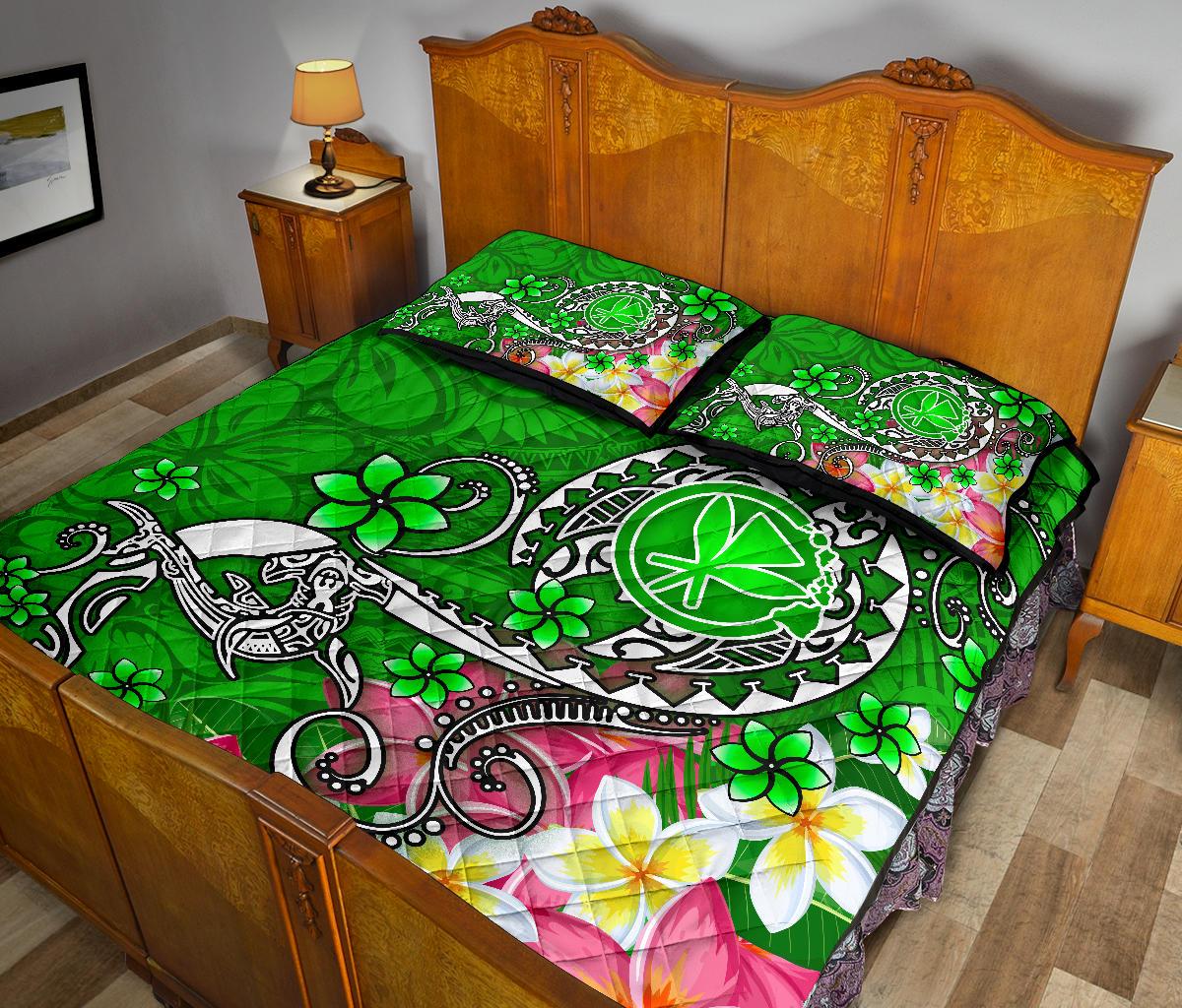 Hawaii Quilt Bed Set - Turtle Plumeria Polynesian Tattoo Green Color - Polynesian Pride