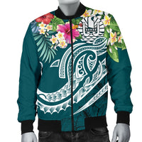 Nauru Polynesian Men's Bomber Jacket - Summer Plumeria (Turquoise) - Polynesian Pride