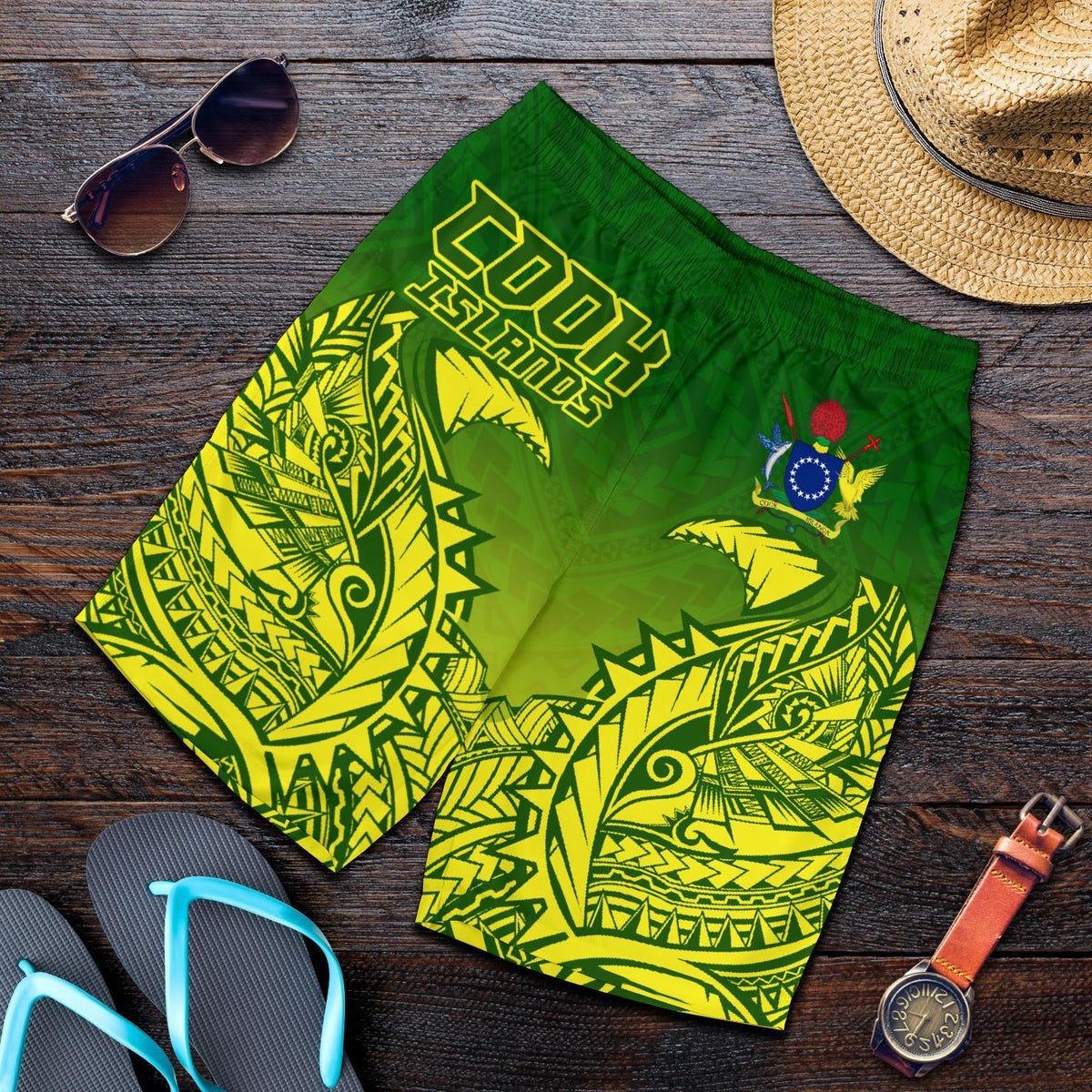 (Kuki Arirani) Cook Islands Premium Shorts Green and Yellow - Polynesian Pride