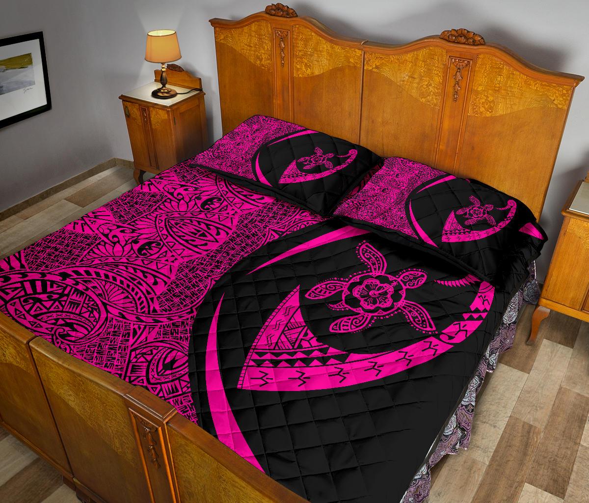 Hawaii Turtle Fish Hook Polynesian Quilt Bed Set Pink - Circle Style - Polynesian Pride