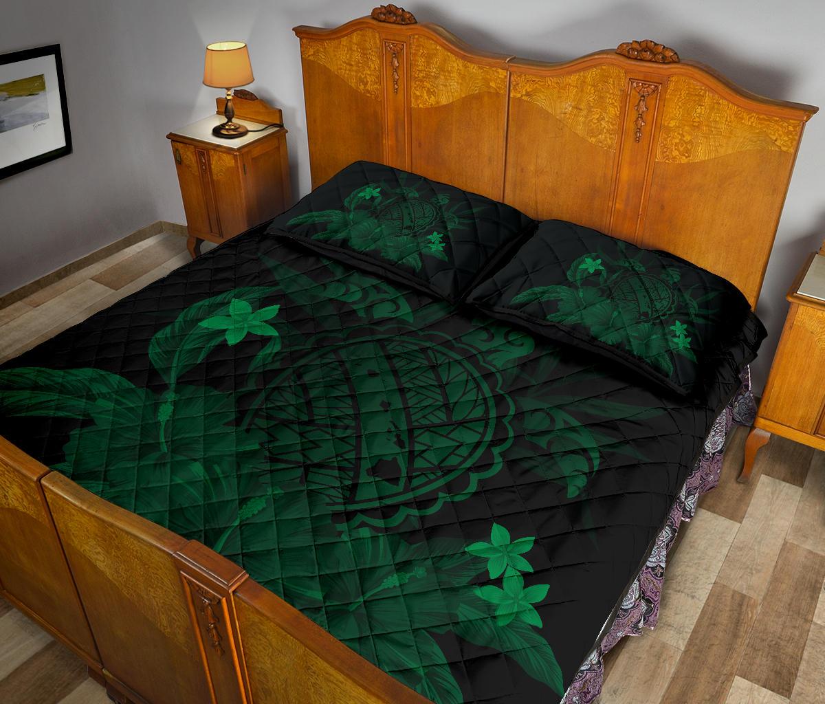 Hawaii Turtle Map Hibiscus Quilt Bed Set - Green - Polynesian Pride