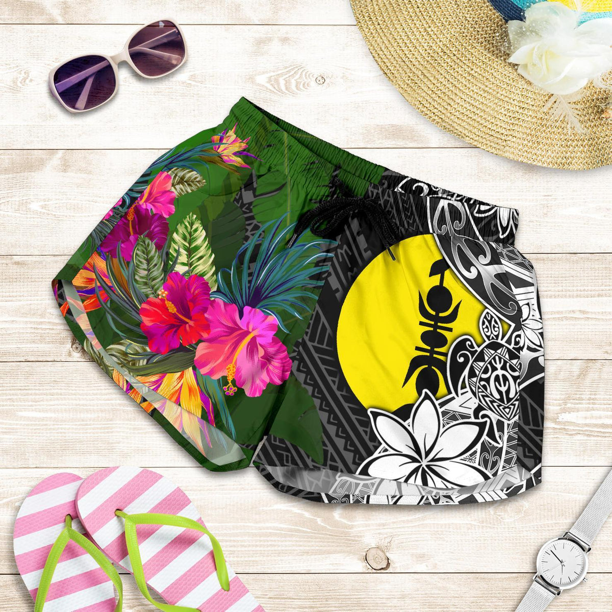 New Caledonia Women Shorts - Turtle Plumeria Banana Leaf Women Black - Polynesian Pride