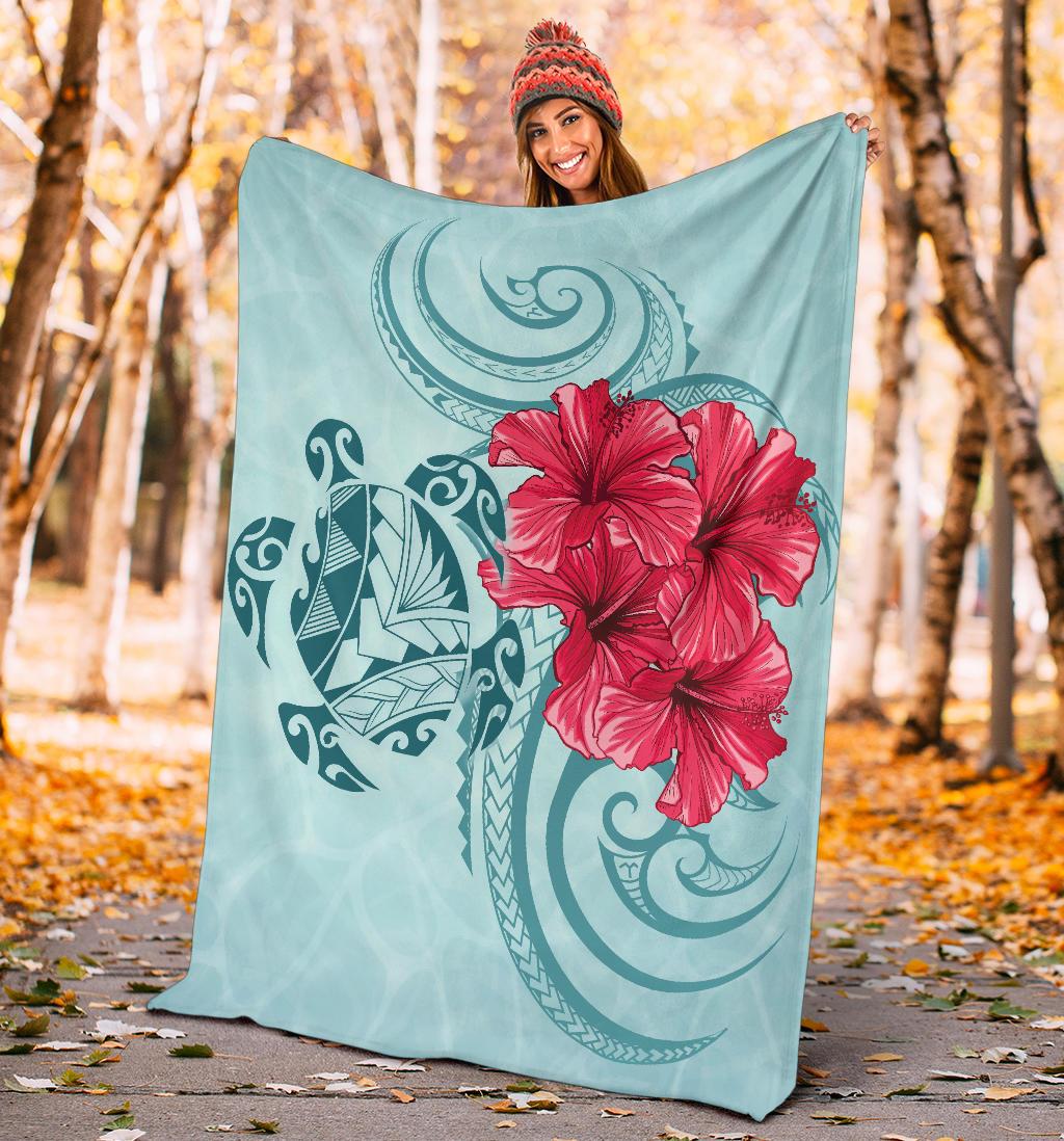 Hawaii Polynesian Turtle Hibiscus Blue Premium Blanket - Bless Style - Polynesian Pride