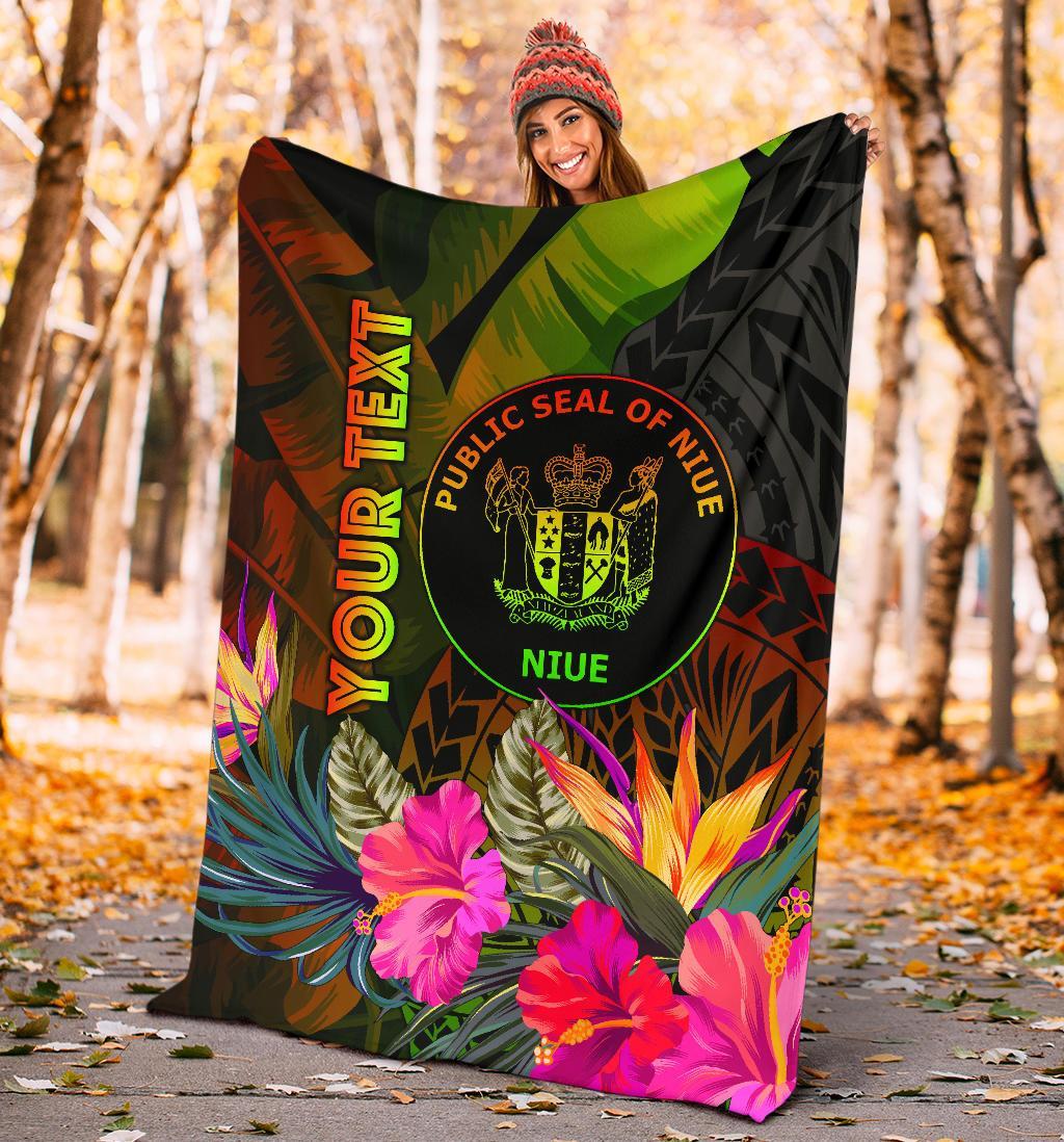 Niue Polynesian Personalised Premium Blanket - Hibiscus and Banana Leaves - Polynesian Pride