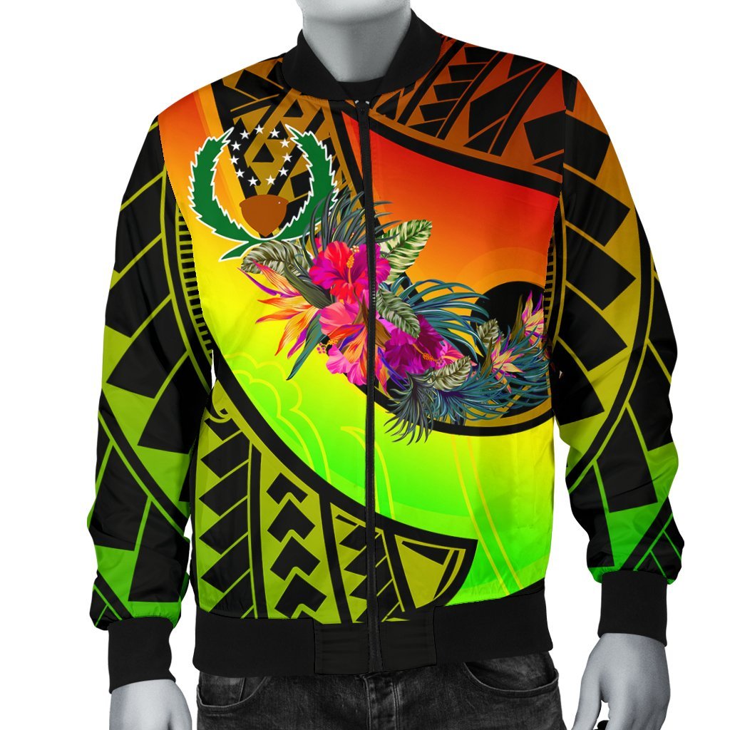Pohnpei Men's BomBer Jacket - Polynesian Hook And Hibiscus (Raggae) - Polynesian Pride